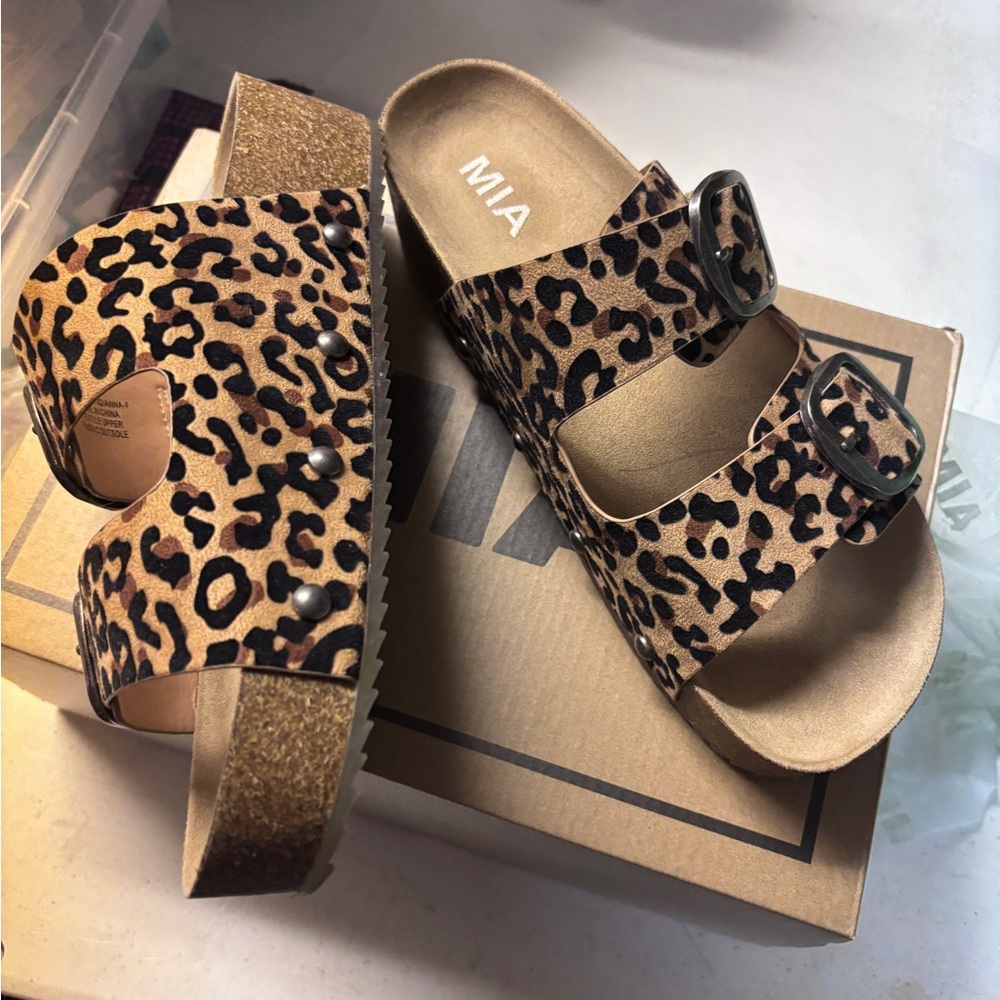 MIA Leopard Print Sandals with Black and Tan Accents - Picture 3 of 3